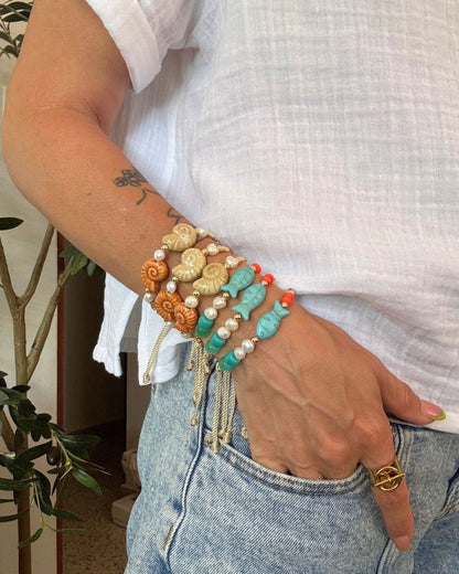 Pulseras de Verano En Hilo - Pez, Piedras Turquesa & Perlas Freshwater