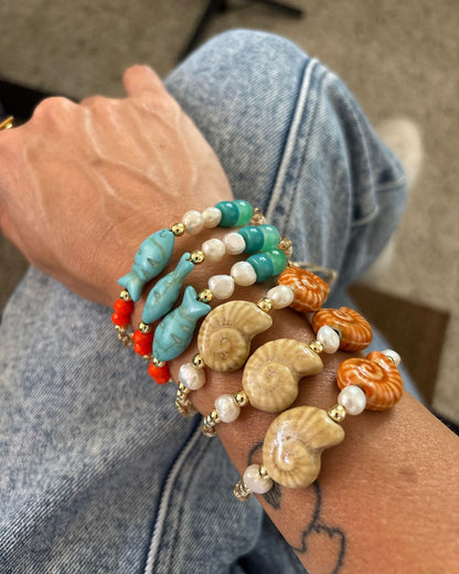 Pulseras de Verano En Hilo - Pez, Piedras Turquesa & Perlas Freshwater